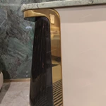 Square Pale Green Marble Side Table with White Panel and Dark High-Gloss Wood Sides